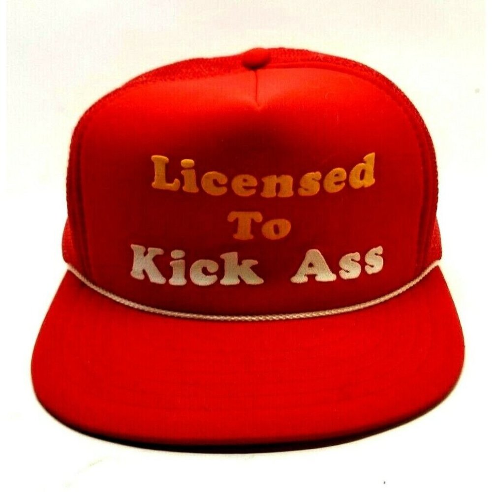 Vintage 1980’s LICENSED TO KICK ASS Red Snapback Trucker Hat Cap String (DM2)
